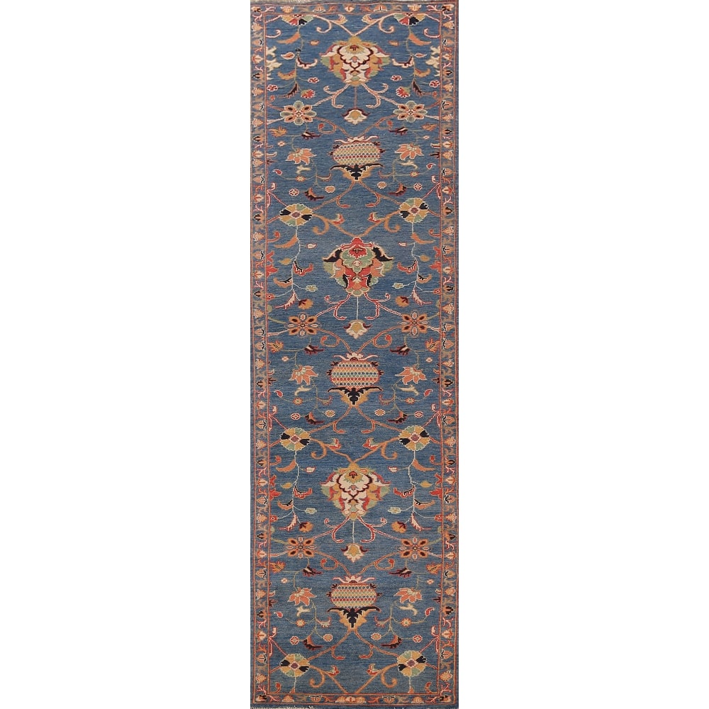 Blue Floral Ziegler Vegetable Dye Runner Rug Hand-Knotted Wool Carpet - 2'8" x 12'3"