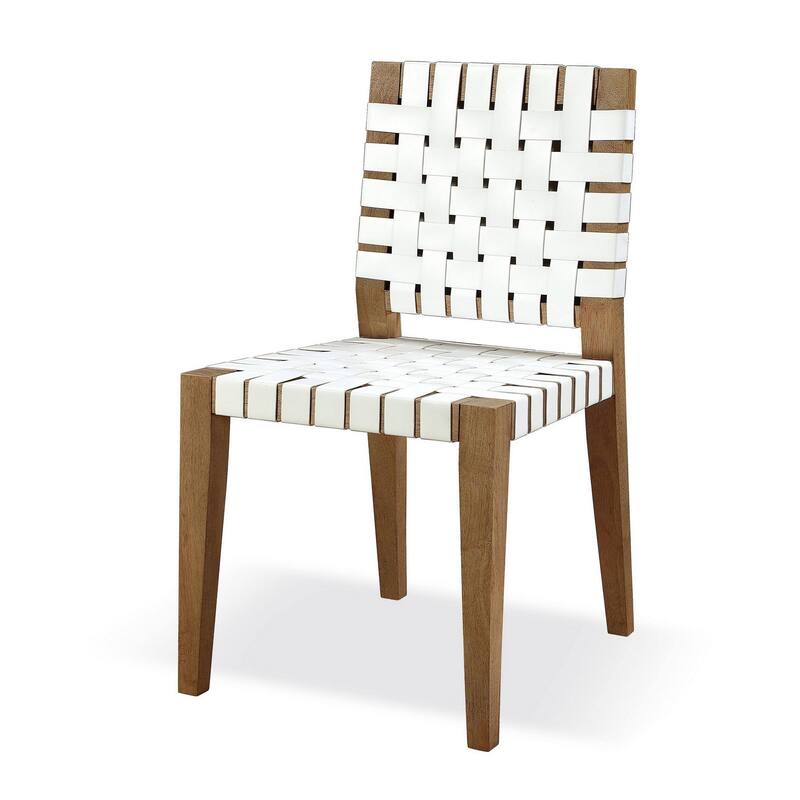 Rux 19 Inch Dining Chair, Woven Faux Leather Seat, White, Brown Wood