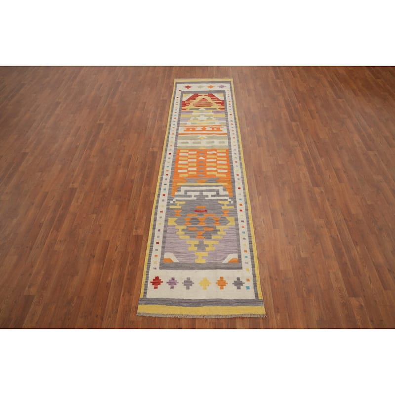 Hand Woven Oriental 100% Wool Carpet Southwestern Tribal Multi-Colored Kilim Runner Rug - 10' 3'' X 2' 8''