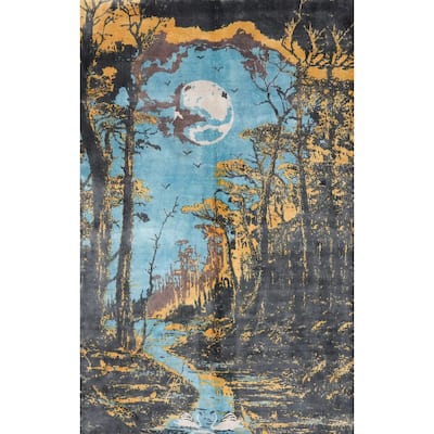 Hand Knotted Oriental Viscose Silk Carpet Modern Pictorial Multi-Colored Abstract Area Rug - 7' 9'' X 5' 6''