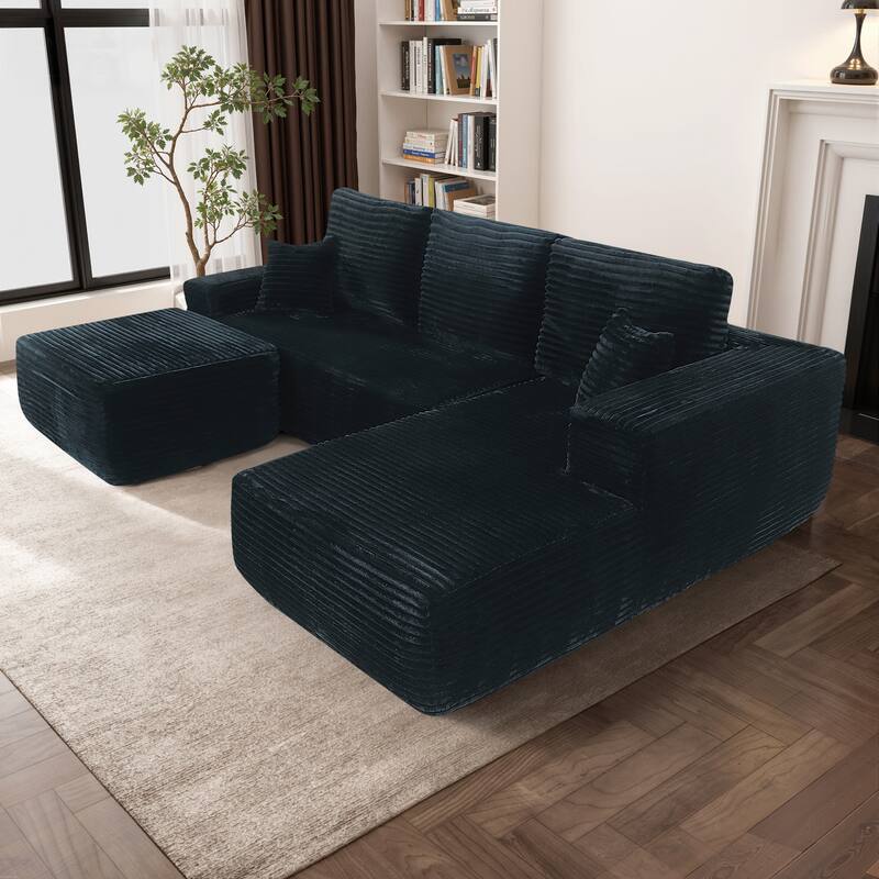U-Shaped Sectional Couch Boneless Corduroy Couch with Chaise ‌and Ottoman‌, Upholstered Modular Lounger Sofa
