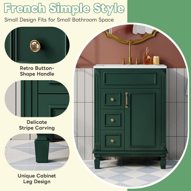 24" Bathroom Vanity with Ceramic Sink - Modern 2-Drawer Storage Cabinet, Adjustable Shelf, Space-Saving Design