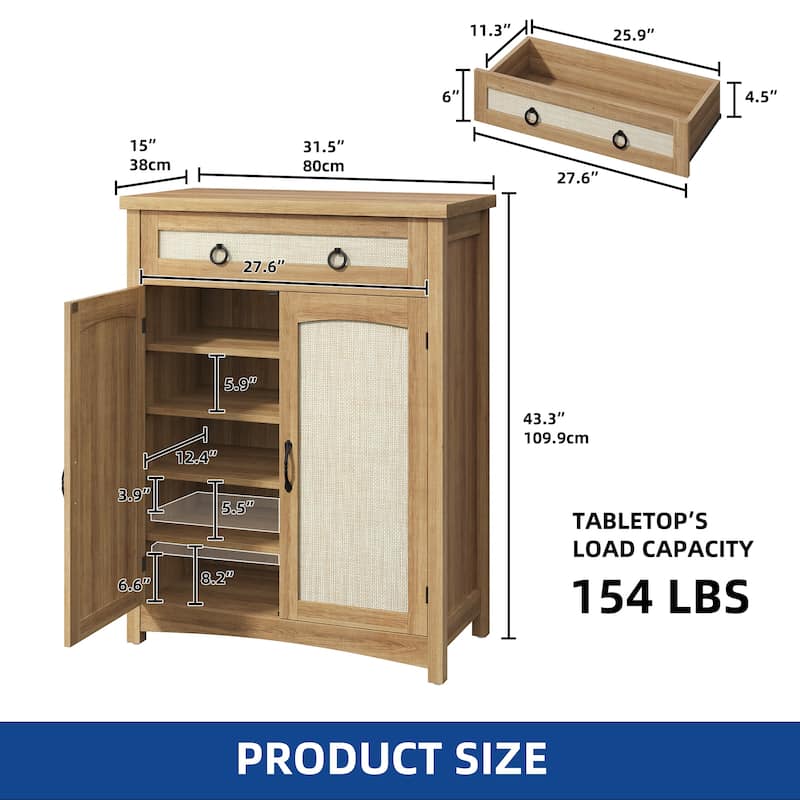 Moasis Farmhouse 20 Pairs Shoe Cabinet with Drawer Rattan Shoes Rackt with Doors for Entryway Hallway