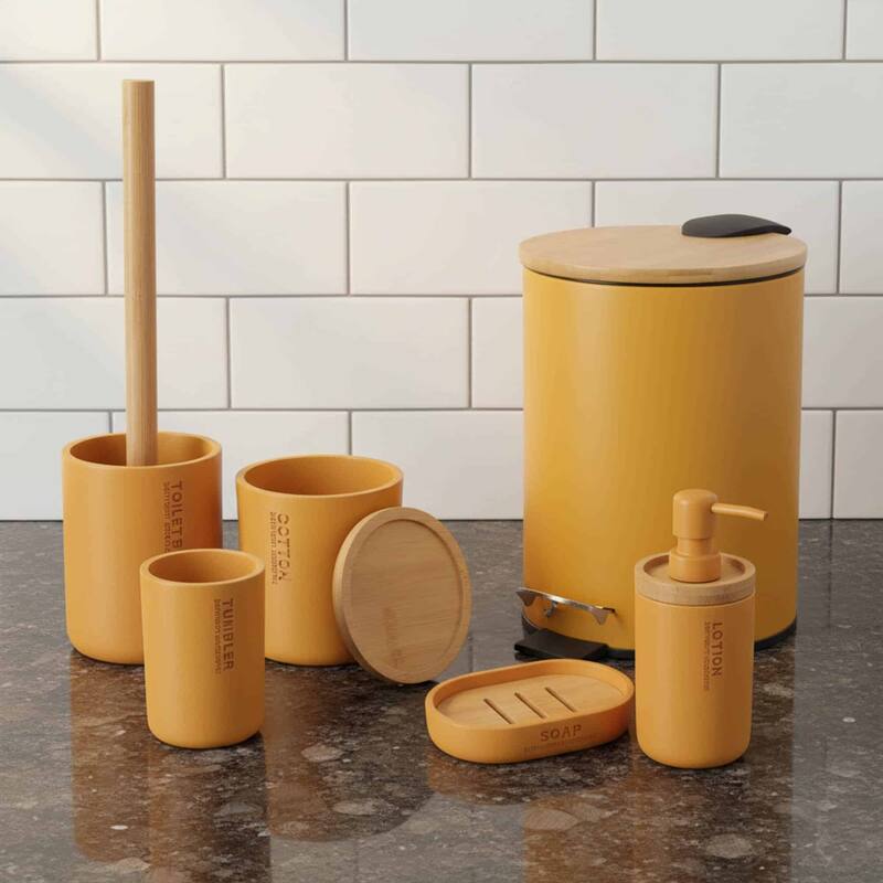 Sleek Cotton Pad Holder - Polyresin Bathroom Storage Container with Bamboo Lid - 4 L x 4 W x 4.6H