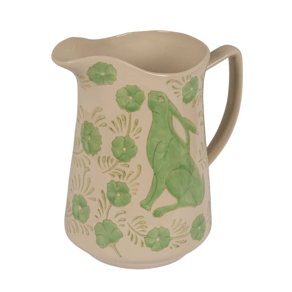 Stoneware Pitcher with Painted Rabbit and Florals