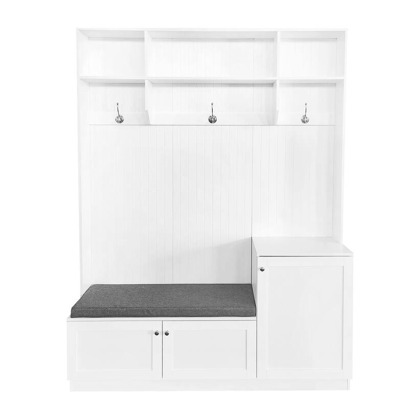 All-in-One Hall Tree with Bench and Shoe Storage, Entryway Upholstered Storage Bench Modern Wood Coat Rack with Hooks