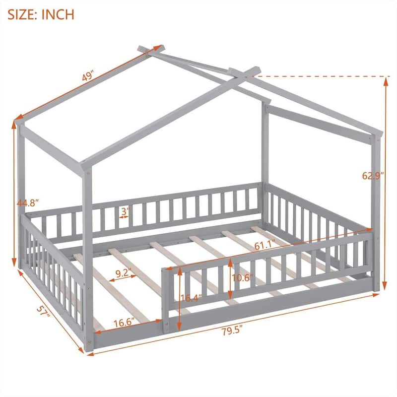 Full Size Wood Bed House Bed Frame with Fence
