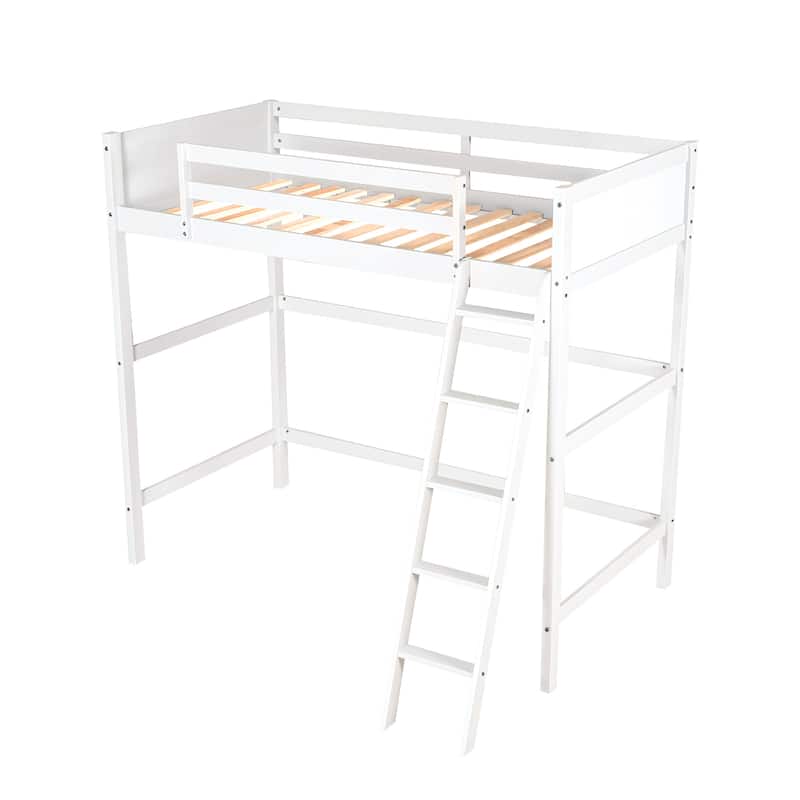 Modern Simple Style Twin Size Solid Pine Wood Loft Bed with Full Length Guardrail and Inclined Ladder