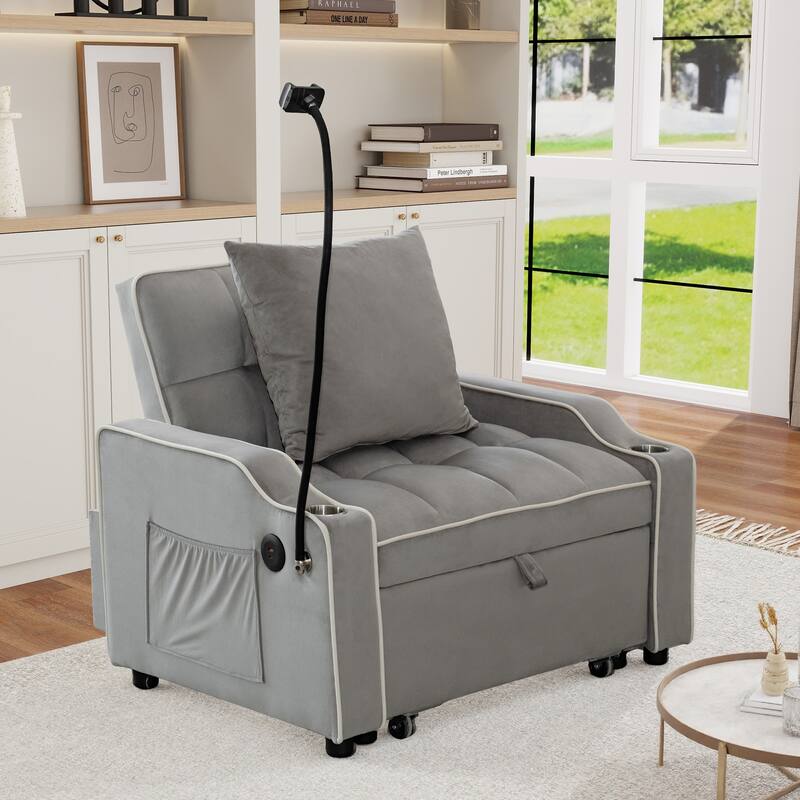Convertible Single Chair Bed,3 in 1 Velvet Futon Sleeper Sofa Bed with Phone Holder & USB Ports,Pull Out Couch Bed - Light Gray