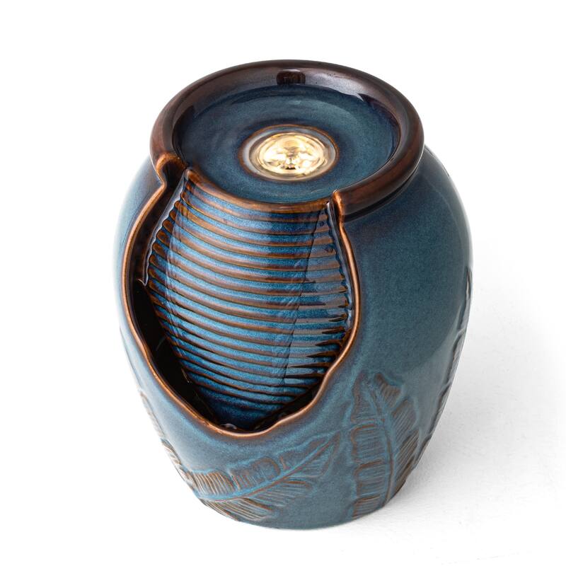 Glitzhome Leaf Textured Ceramic Jar Indoor Tabletop Water Fountain with LED Lights
