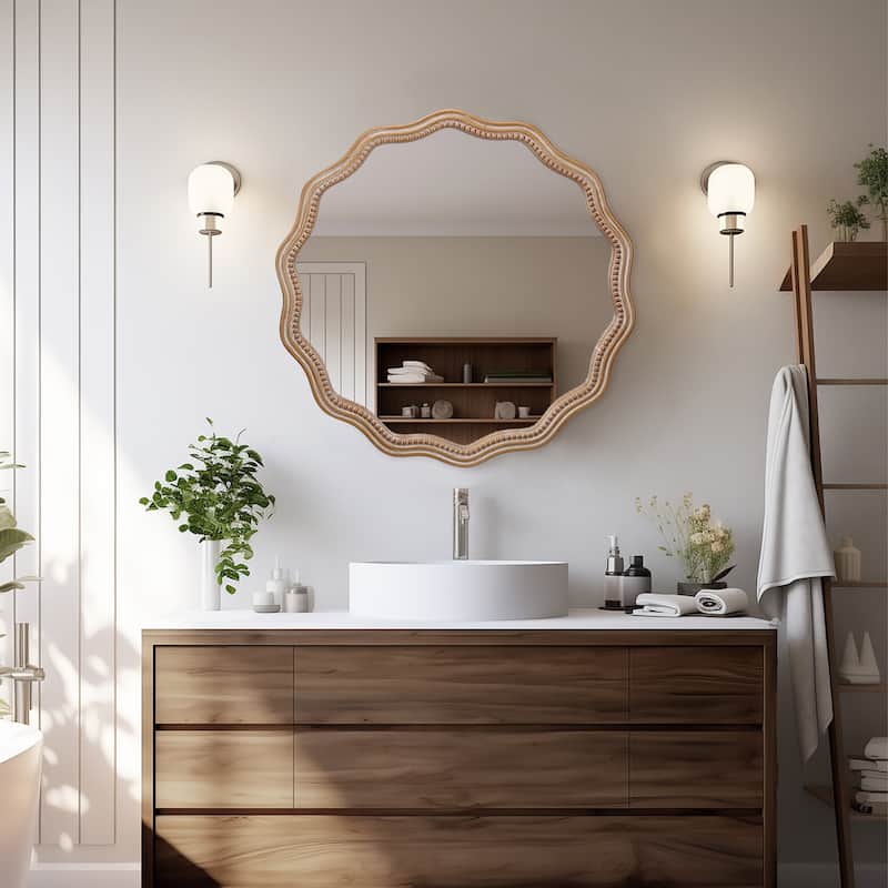 23.62" Wood Round Wavy Hanging Wall Mirror