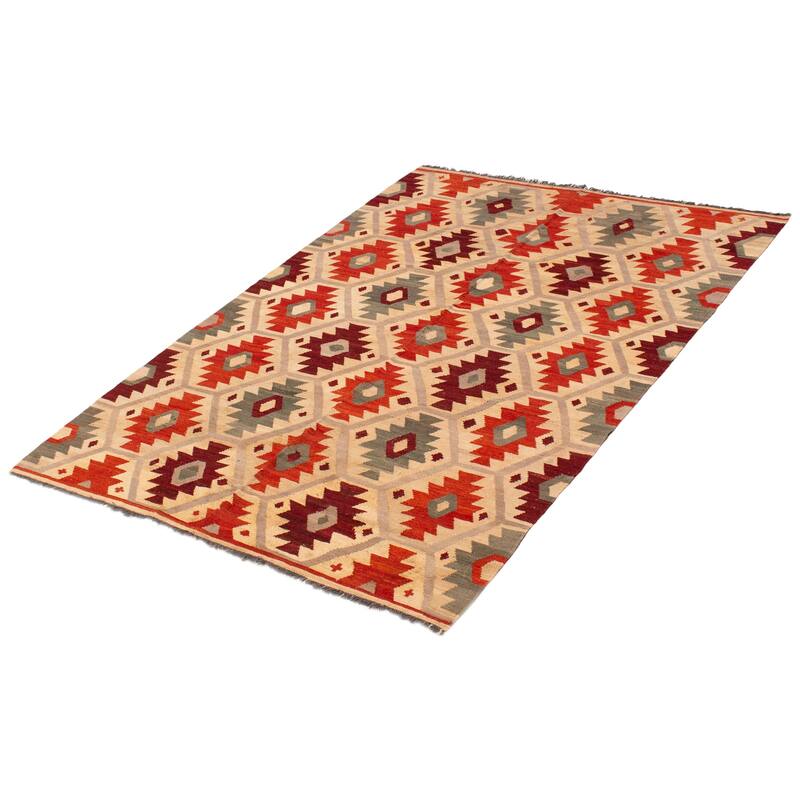 ECARPETGALLERY Flat-Weave Bold and Colorful Cream Wool Kilim - 5'11 x 8'0