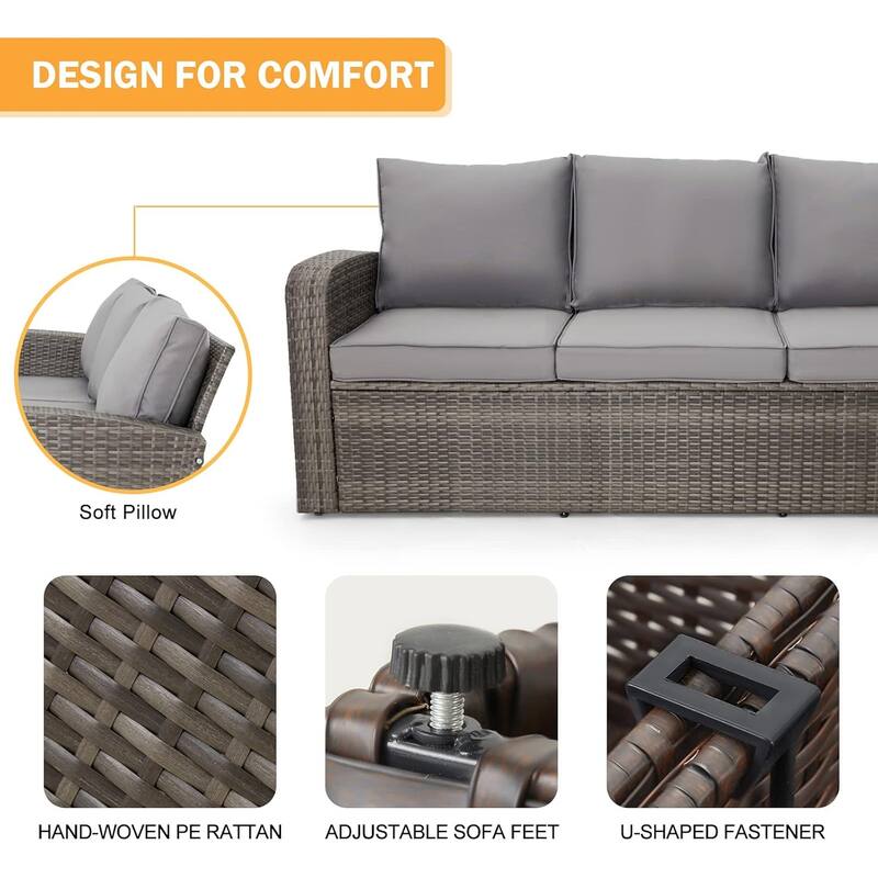 6-Piece Rattan Patio Set with Fire Pit Table, Outdoor Conversation Set with Cushions, Weather-Resistant Sofa Sectional