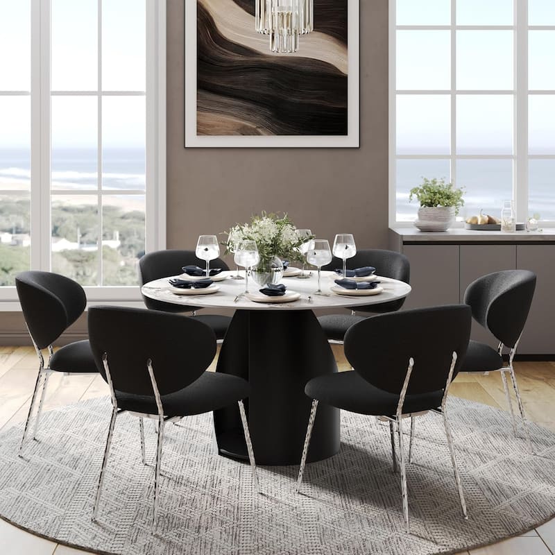 White Round Sintered Stone Dining Table with Matte Black Sandblasted Texture Base