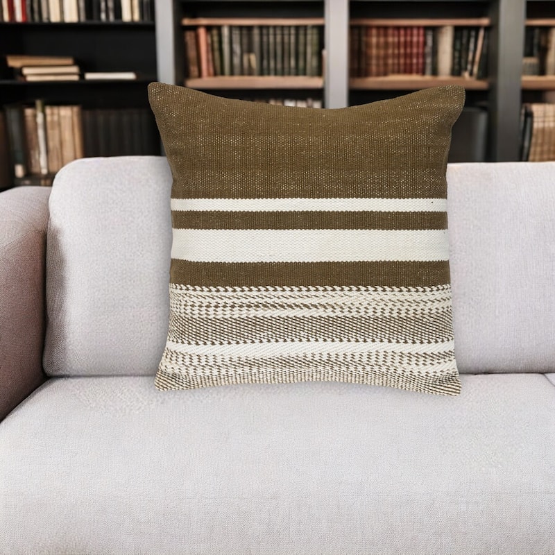 18" Brown And White Cotton Striped Throw Pillow - Polyester - Single - 18.00 in. x 18.00 in.  x 7.00 in. - Pillow Sets - White/Brown