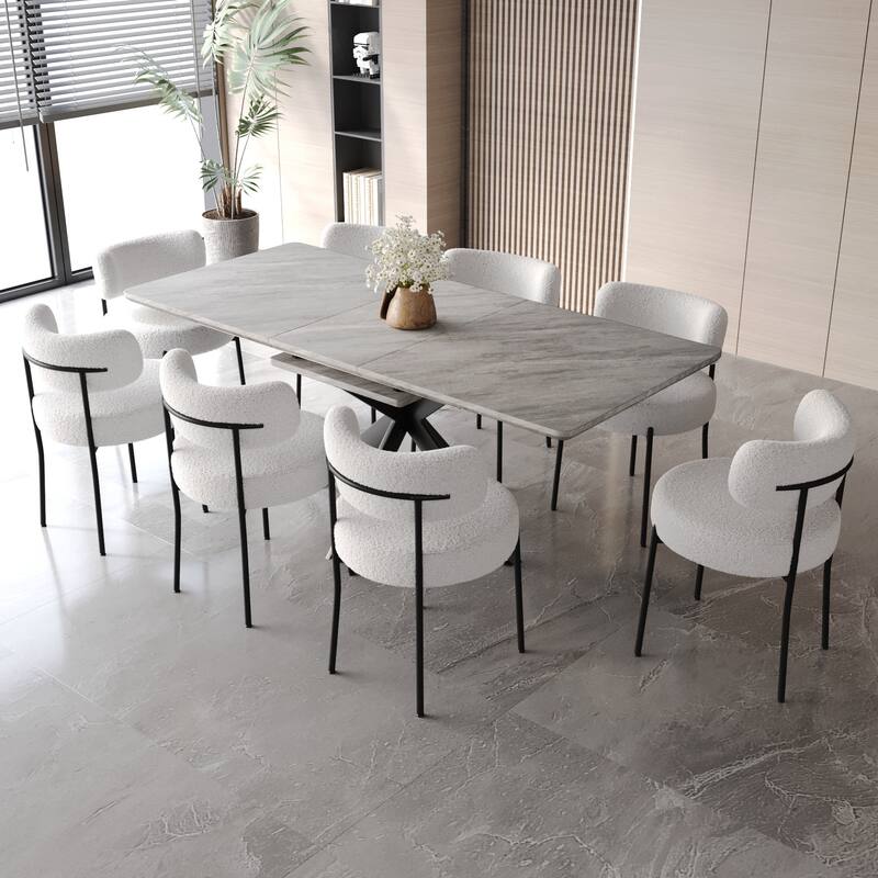 Grey Curved Backrest Round Padded Dining Chairs, Extendable Dining Table with Metal Legs, Stylish Table & Chairs Set