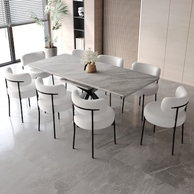 Modern Dining Set with Rectangular Extendable Table & Curved Backrest Round Upholstered Chairs