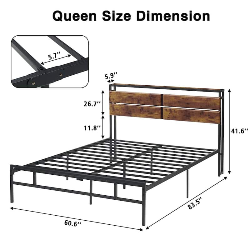 Metal Bed Frame with Wooden Headboard and Storage