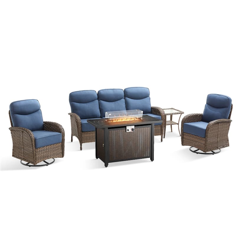 Pocassy Outdoor Sofa Swivel Chair and Ottman with 43in Fire Pit Table