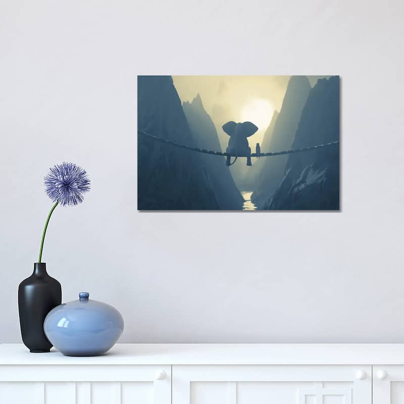 iCanvas "Elephant And Dog Sit On A Bridge Over A Precipice (Dualtone)" by Mike Kiev Canvas Print - 12x18x1.5