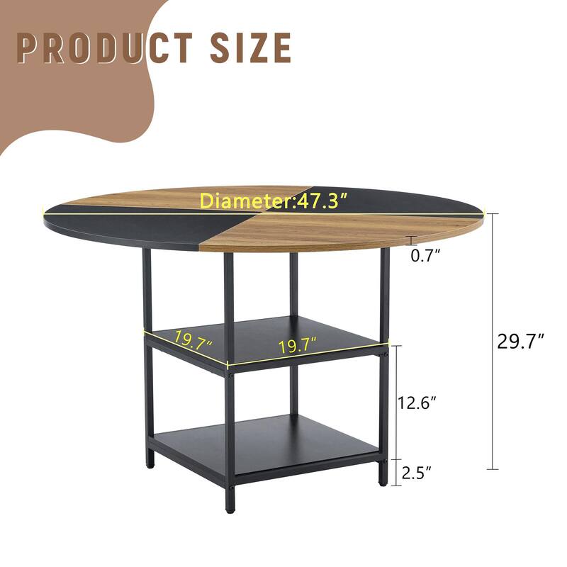 Diameter Modern Splicing Circular Dining Table - Double-Layer Storage, Wood And Fan-Shaped Diagonal Color Matching Design - Black,Wood