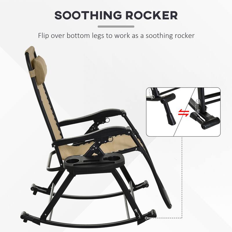 2 Pieces Outdoor Rocking Chairs, Foldable Reclining Zero Gravity Lounge Rocker with Pillow, Cup and Phone Holder