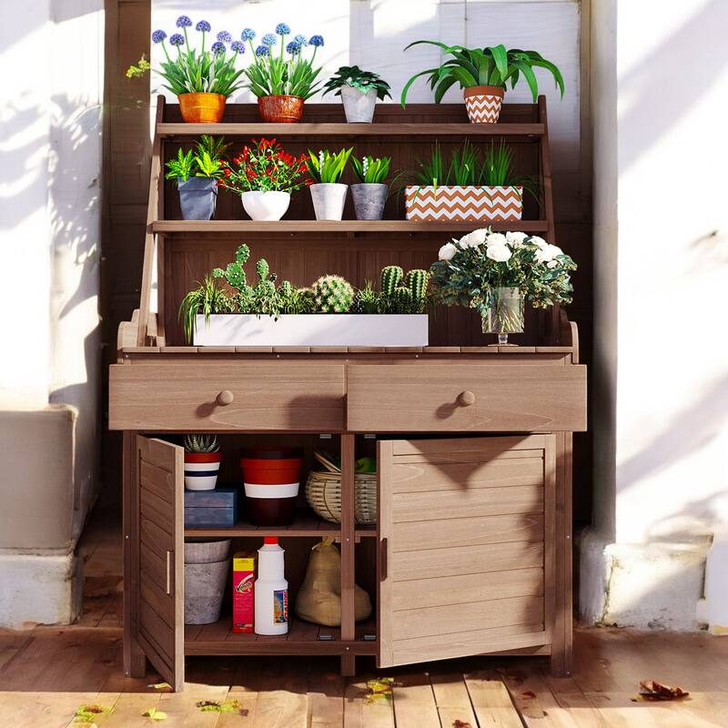 65" Garden Potting Bench Table with Storage Shelves, Drawers, and Cabinet – Fir Outdoor Planting Station with Storage Shelves - Brown
