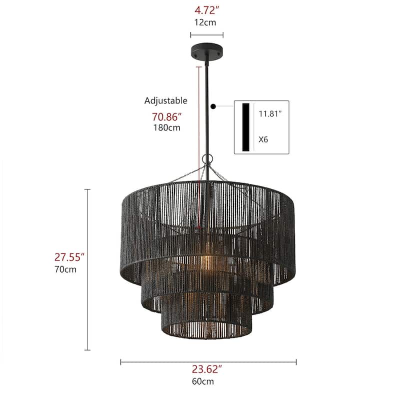 Farmhouse Matte Black Rope Paper Craft Pendant Light Hand-Woven Hanging Lamp