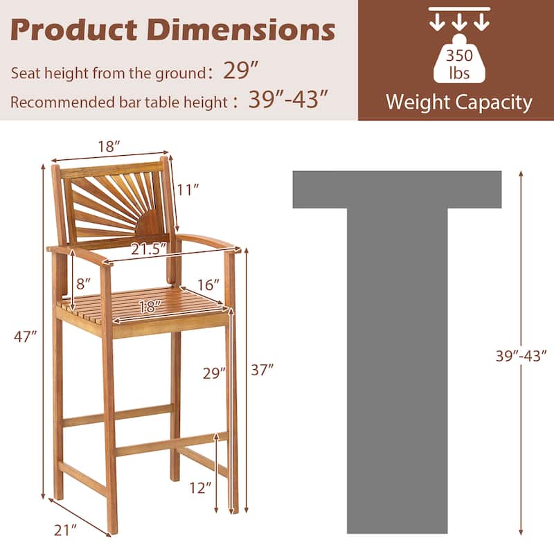 Gymax Set of 2 Outdoor Acacia Wood Bar Stools Bar Height Patio Chairs