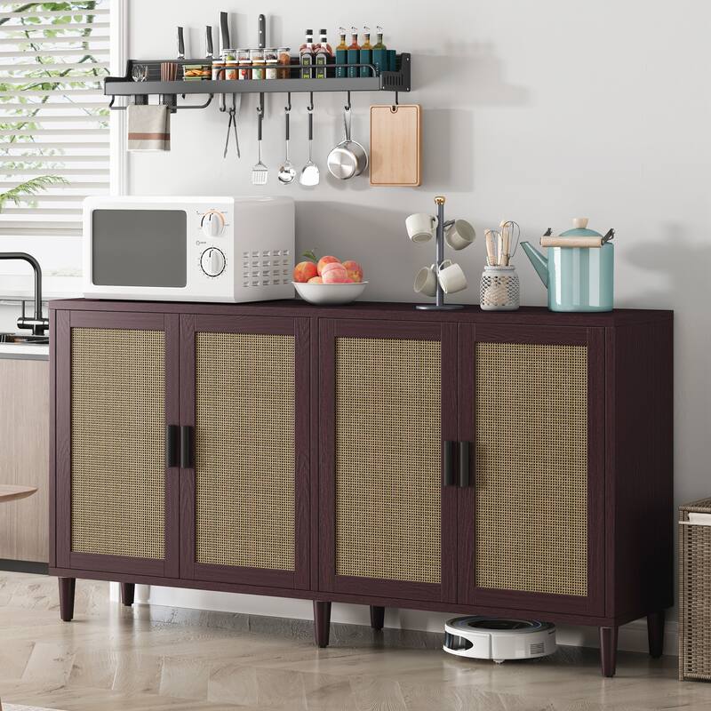 Rattan Buffet Cabinet with Storage, 4-Door Sideboard Buffet Cabinet with Adjustable Shelves for Kitchen, Living Room