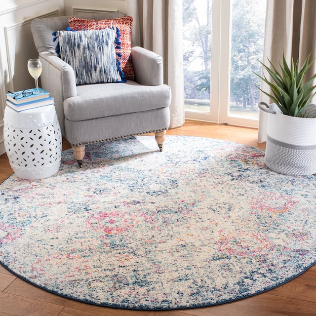 SAFAVIEH Madison Avery Boho Chic Distressed Area Rug - 5'3" x 5'3" Round - Navy/Teal