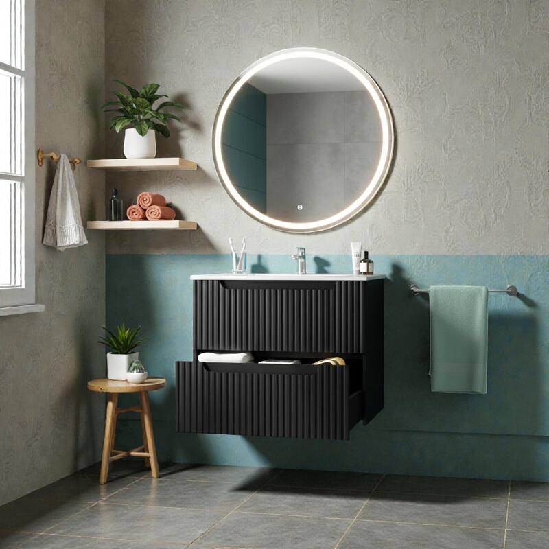 24" Wall Mounted Bathroom Vanity with Ceramic Sink, Floating Cabinet with 2 Soft-Close Drawers, Modern MDF Storage Combo