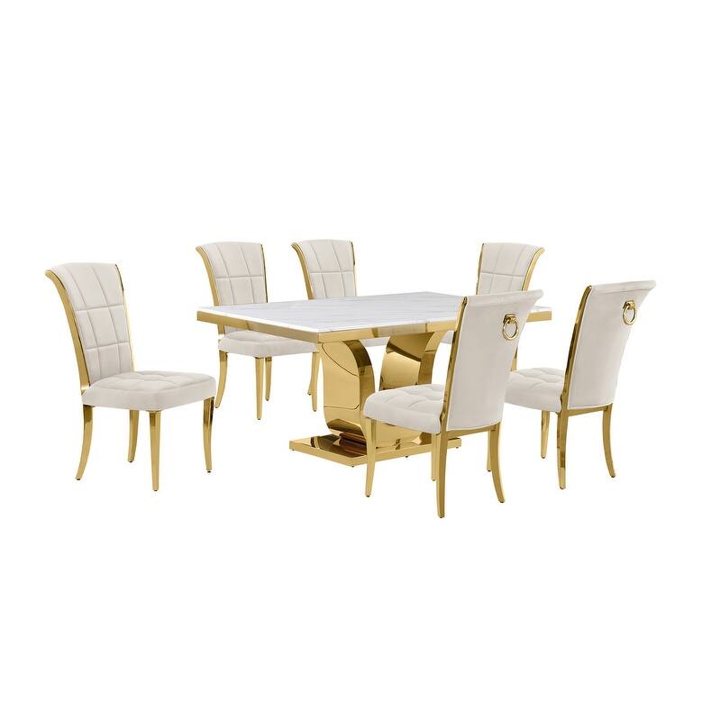 Best Quality Furniture D320-SC324-7 Dining Set with 66" White Marble Top