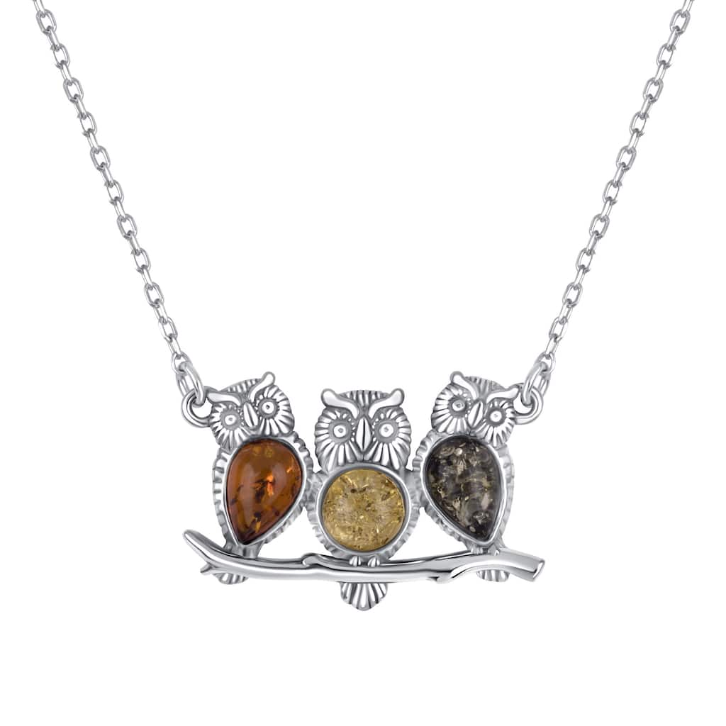 Baltic Amber Three Owls Pendant Necklace in Sterling Silver