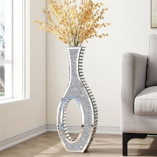Tall Mirror Floor Vase with Silver Crystal Diamond Accents for Faux Flowers