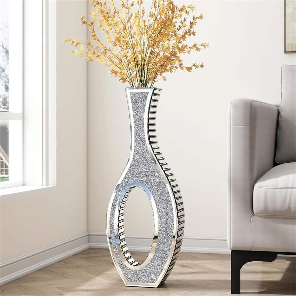 Tall Mirror Floor Vase with Silver Crystal Diamond Accents for Faux Flowers
