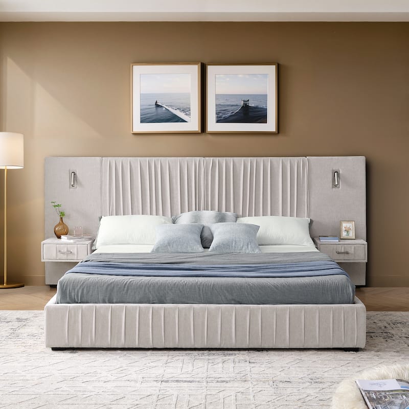 Pleating Upholstered Bed Platform Bed Frame with Enlarged Widened Headboard and Integrated Bedside Table Adjustable Bedside Lamp