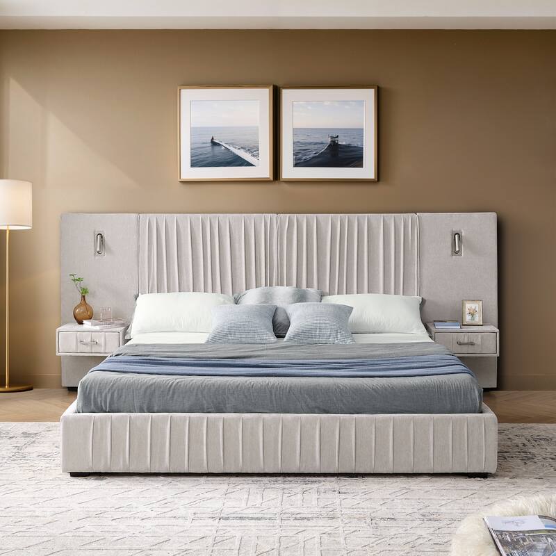 Rossetta Pleated Design Queen Size Upholstered Bed Frame with Headboard, No Box Spring Needed