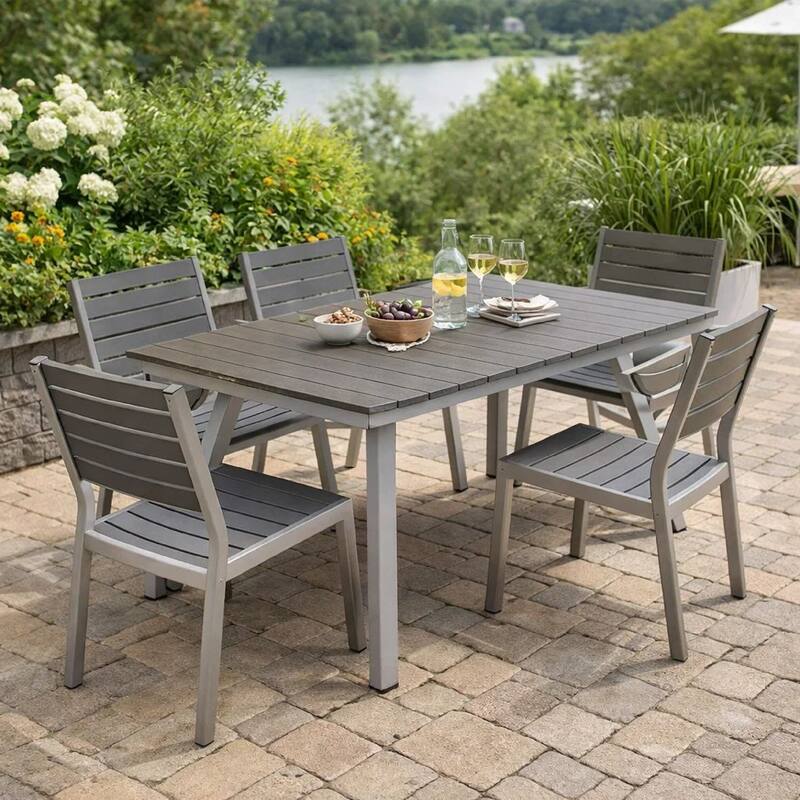 Zia 59 Inch Outdoor Table, Polyresin Plank Top, Smooth Gray Aluminum Frame