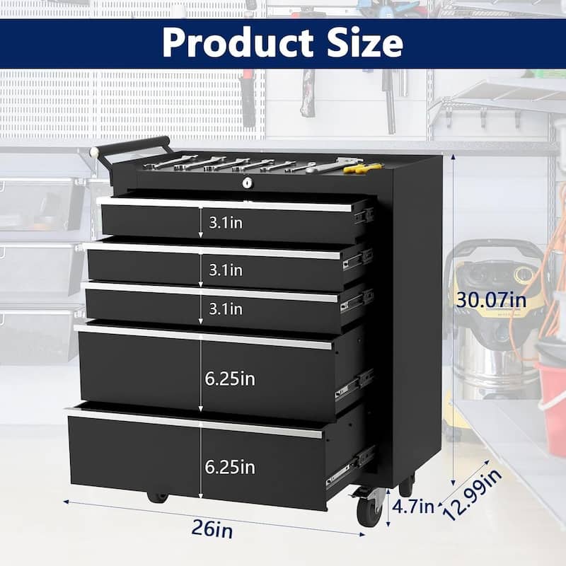26-Inch 5-Drawer Rolling Tool Chest with Lockable Wheels - N/A