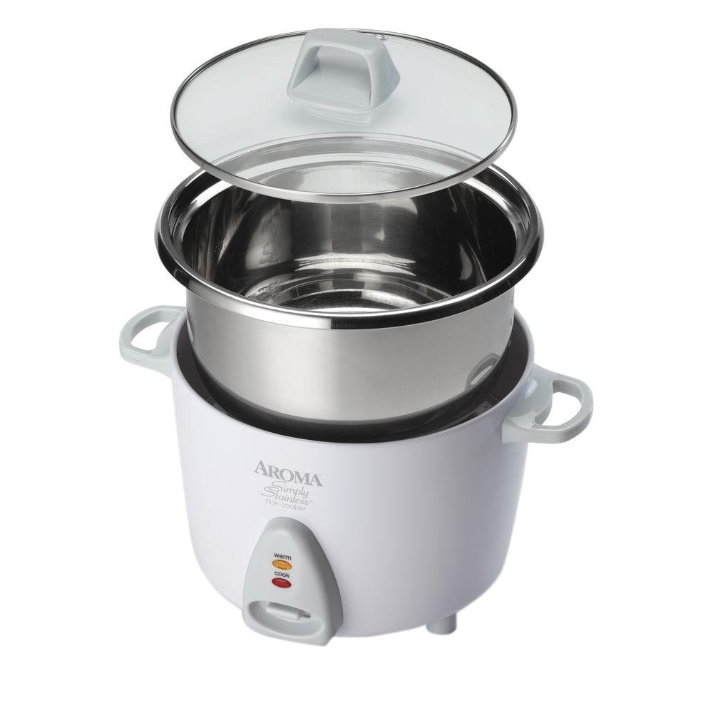 Aroma ARC-753SG Simply Stainless 6-Cup Rice Cooker, 8-1/8”H x 10-5/16”W x  8-1/4”D, White