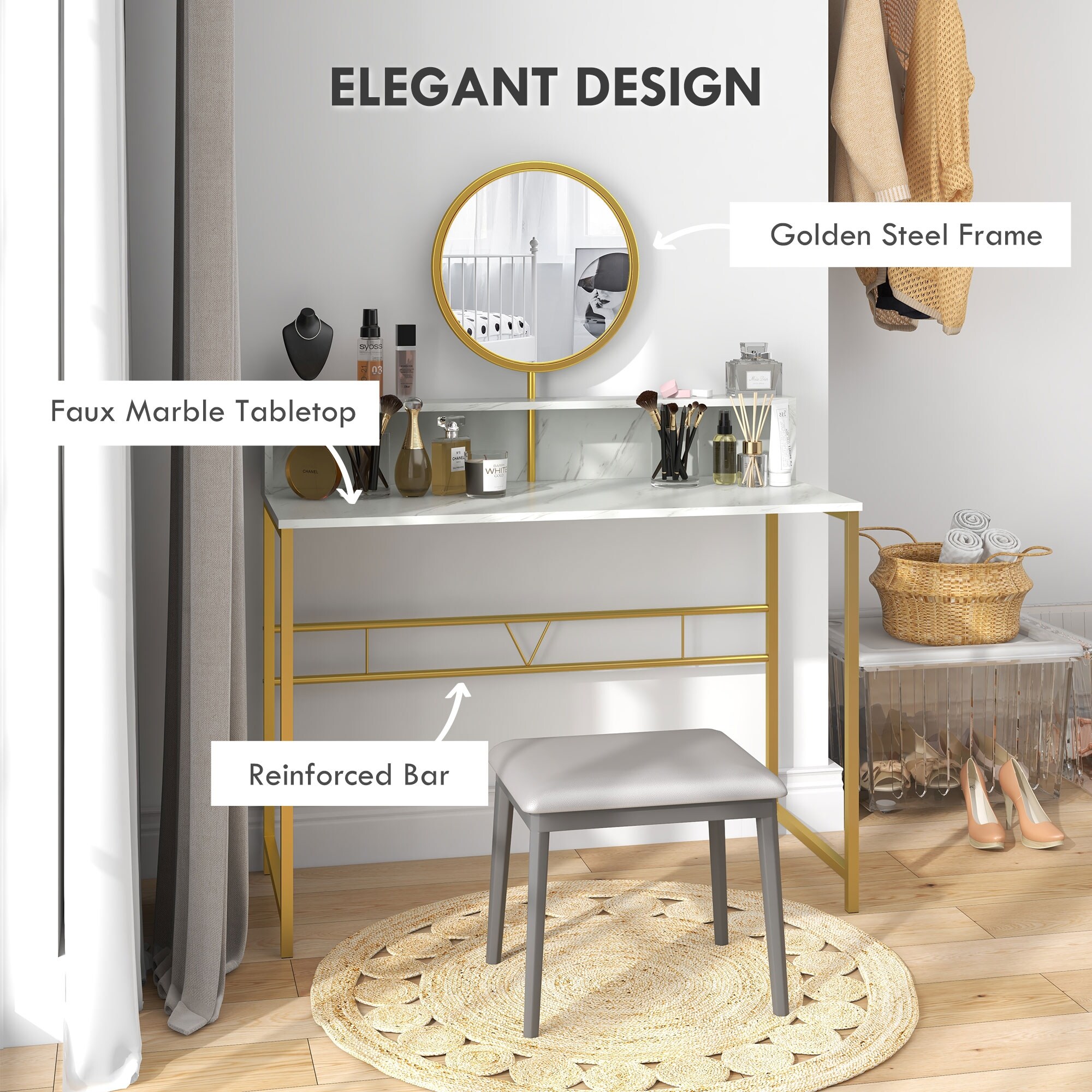 green emerald velvet dress Faux Marble Tabletop Dressing Makeup Table with Mirror & Drawer Chair  Included Metal Base in Gold Small-Wehomz – WEHOMZ