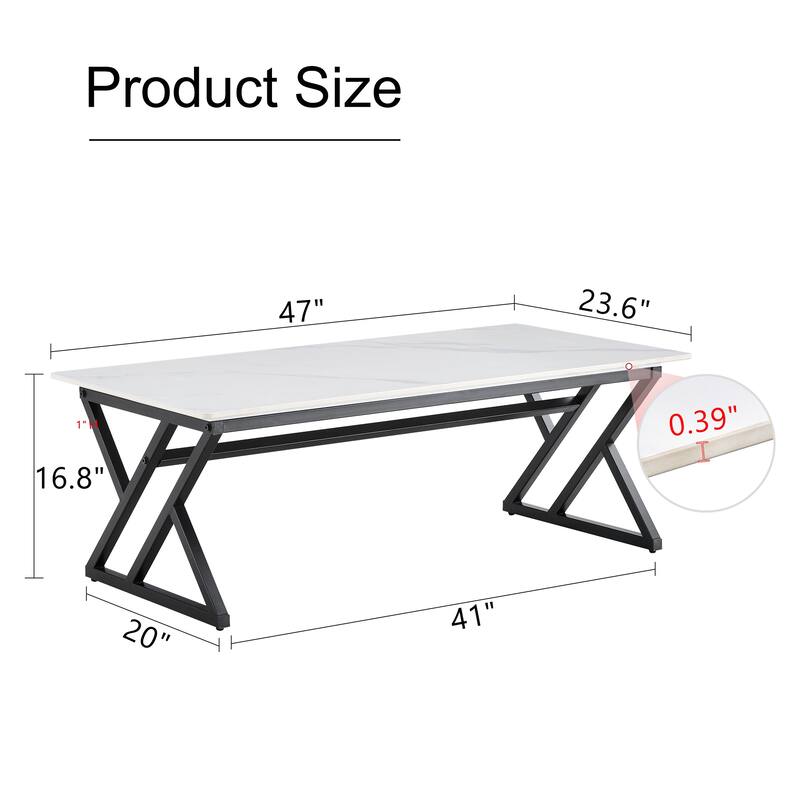 47" Modern Rectangular Coffee Table with Sintered Stone Tabletop and X-shaped Metal Legs