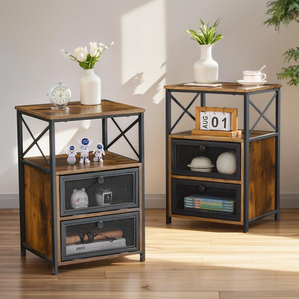 VECELO Modern Night Stand, End Side Table with Storage Space and Door, Nightstands with Flip Drawers for Bedroom,Set of 2
