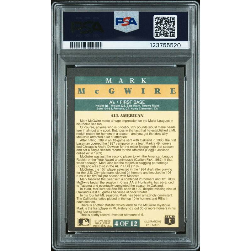 Mark McGwire 1991 Fleer Pro-Visions Signed Baseball Card #4 Graded PSA 6 Auto 10 Cert # 123755520 - 8' x 11'