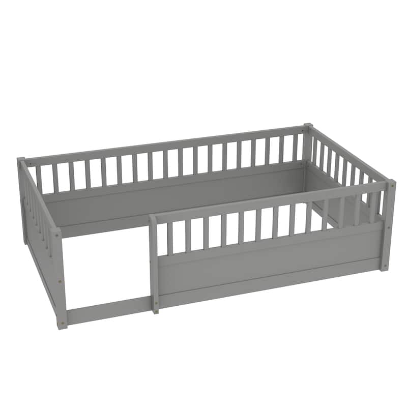 Montessori Toddler Floor Bed Child's Play Wood Bed Frame with High Fence and Open Door, No Slats - Twin Size or Full Size Option