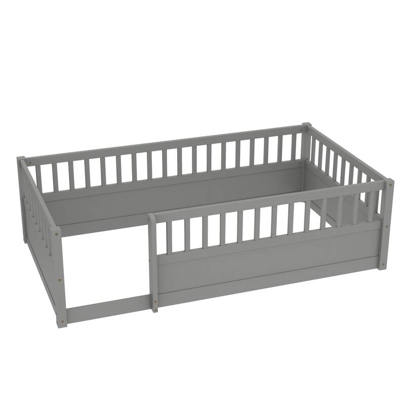 Solid Wood Floor Bed Frame without Slats, Montessori Kids Floor Beds with Full Length Fence, No Box Spring Needed