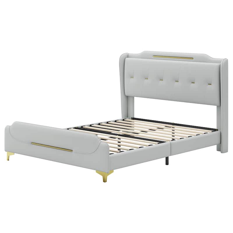 Queen Size Leather Bed frame with Wingback Headboard & Footboard, PU Upholstered Platform bed, Solid Wooden Slats Support