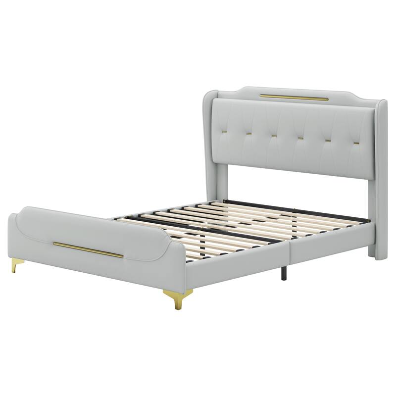 Queen Size PU Leather Platform Bed with Wingback Headboard, Footboard, and Solid Wood Slats