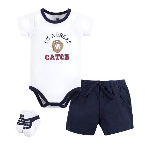 slide 1 of 1, Hudson Baby Infant Boy Bodysuit, Short and Sock, Great Catch Baseball 0-3 Months - Great Catch Baseball